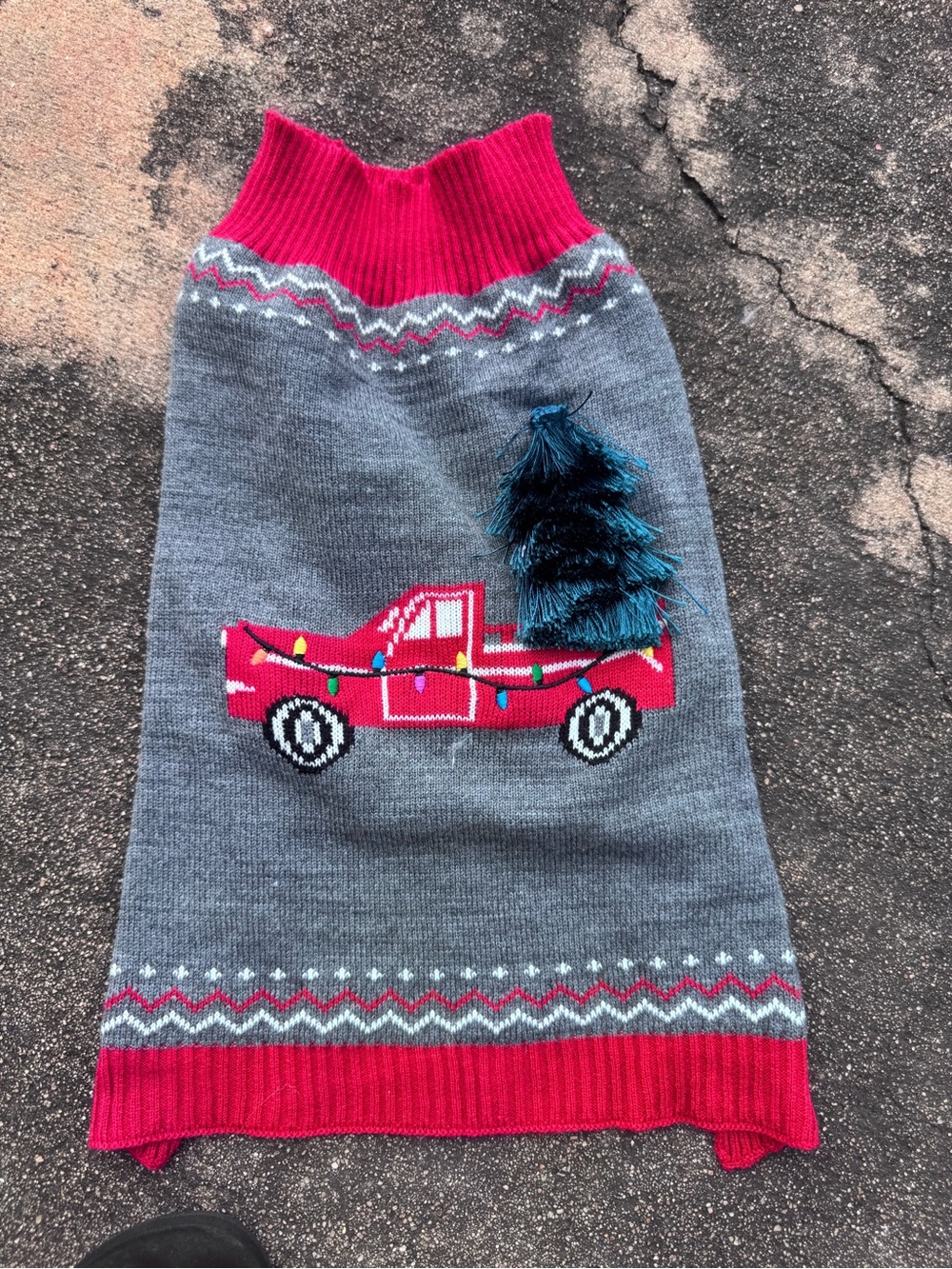 Cute Gray Knit Pet Sweater with Red Truck & Tree